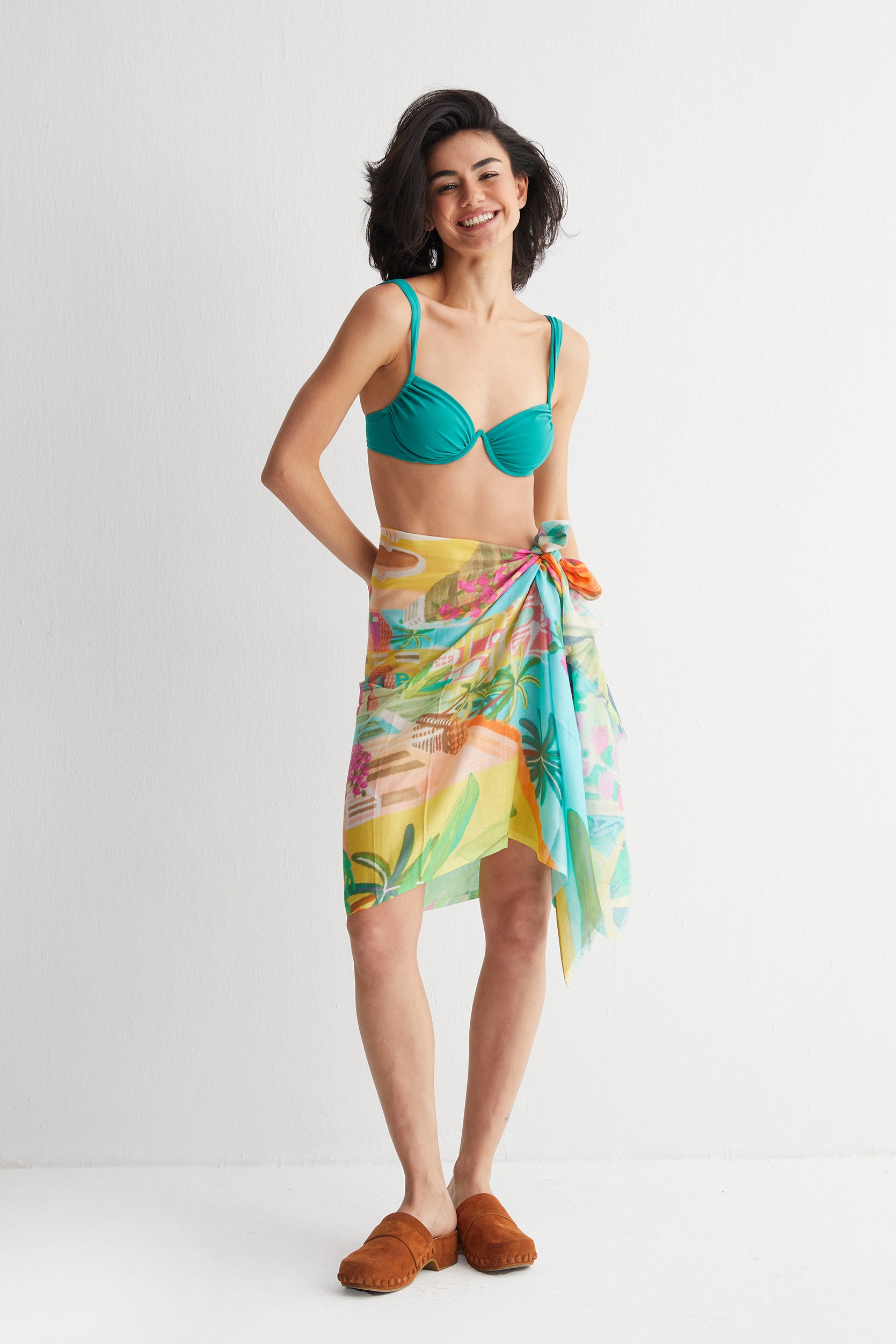 Mavi Jas İpekli Renkli Desenli Şal 70x180