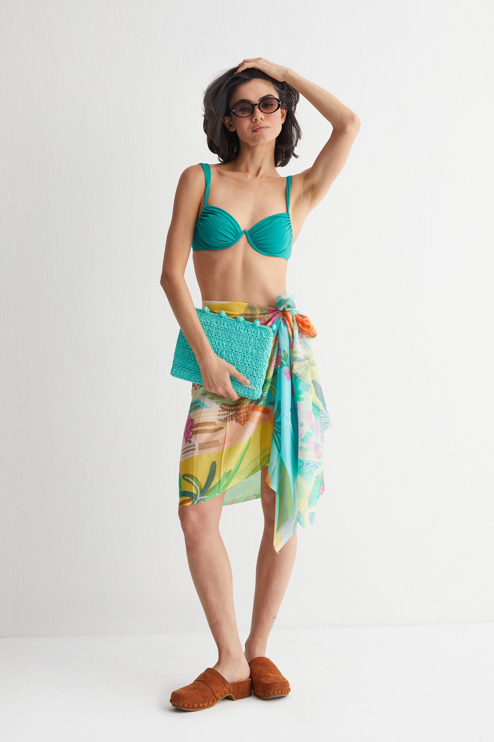 Mavi Jas İpekli Renkli Desenli Şal 70x180