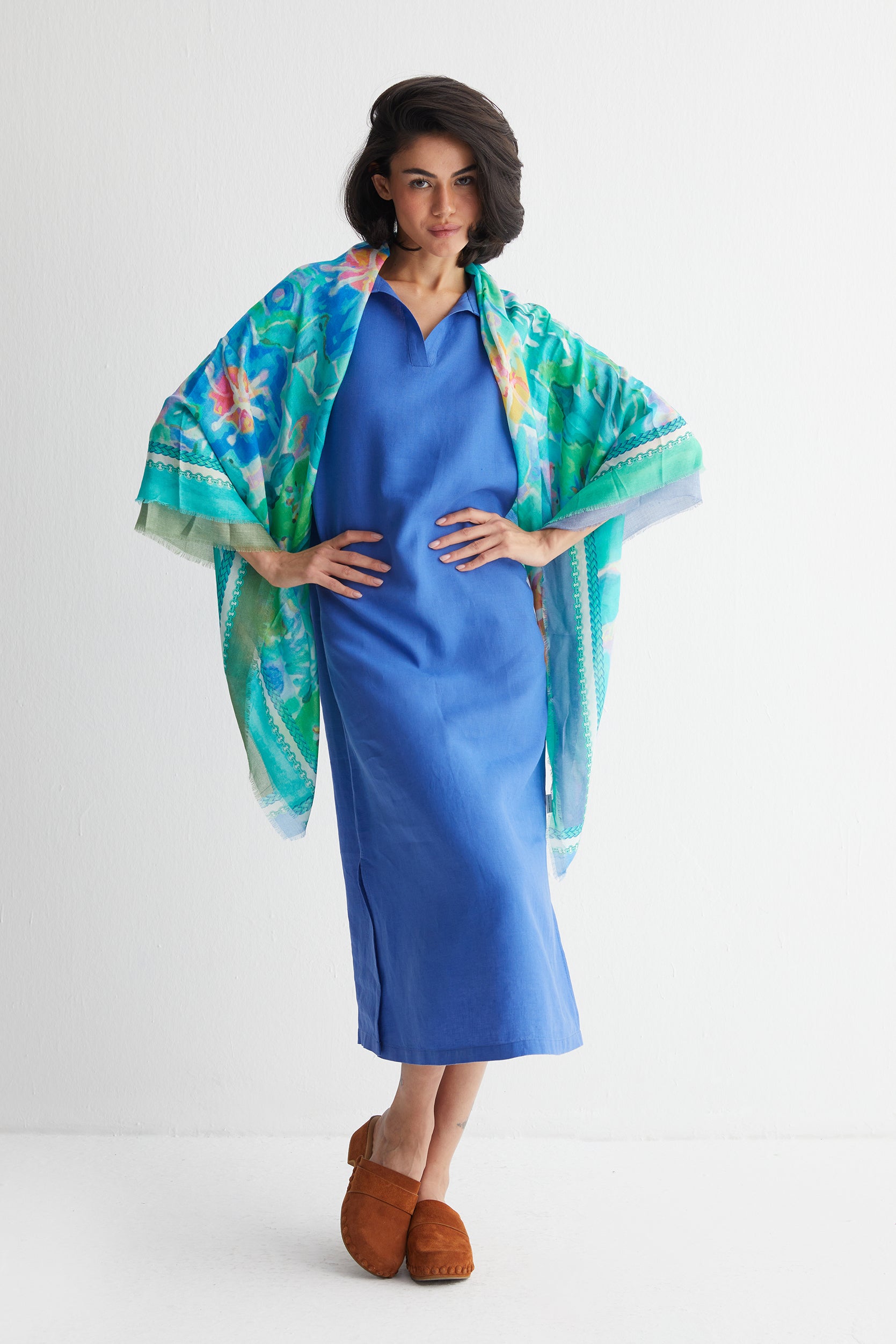 Mavi Kate Keten Polo Yaka Elbise