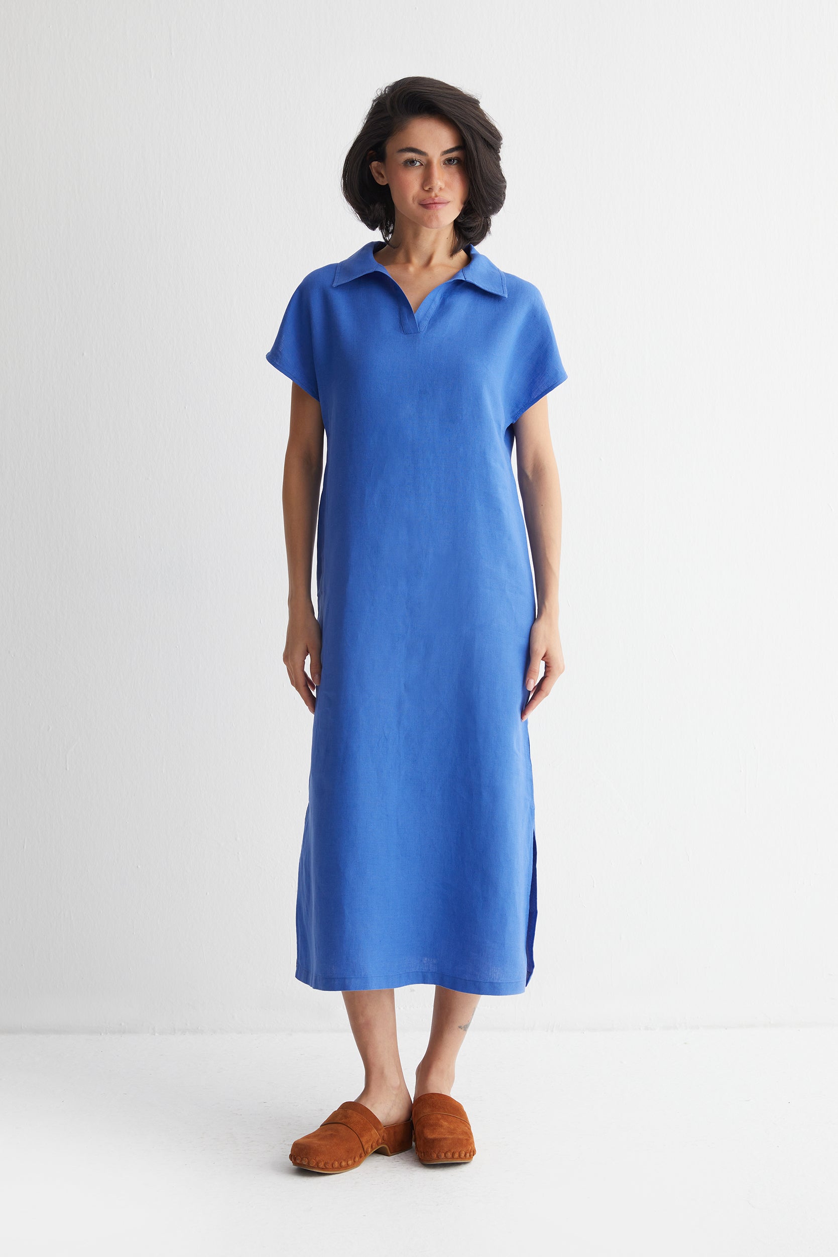 Mavi Kate Keten Polo Yaka Elbise