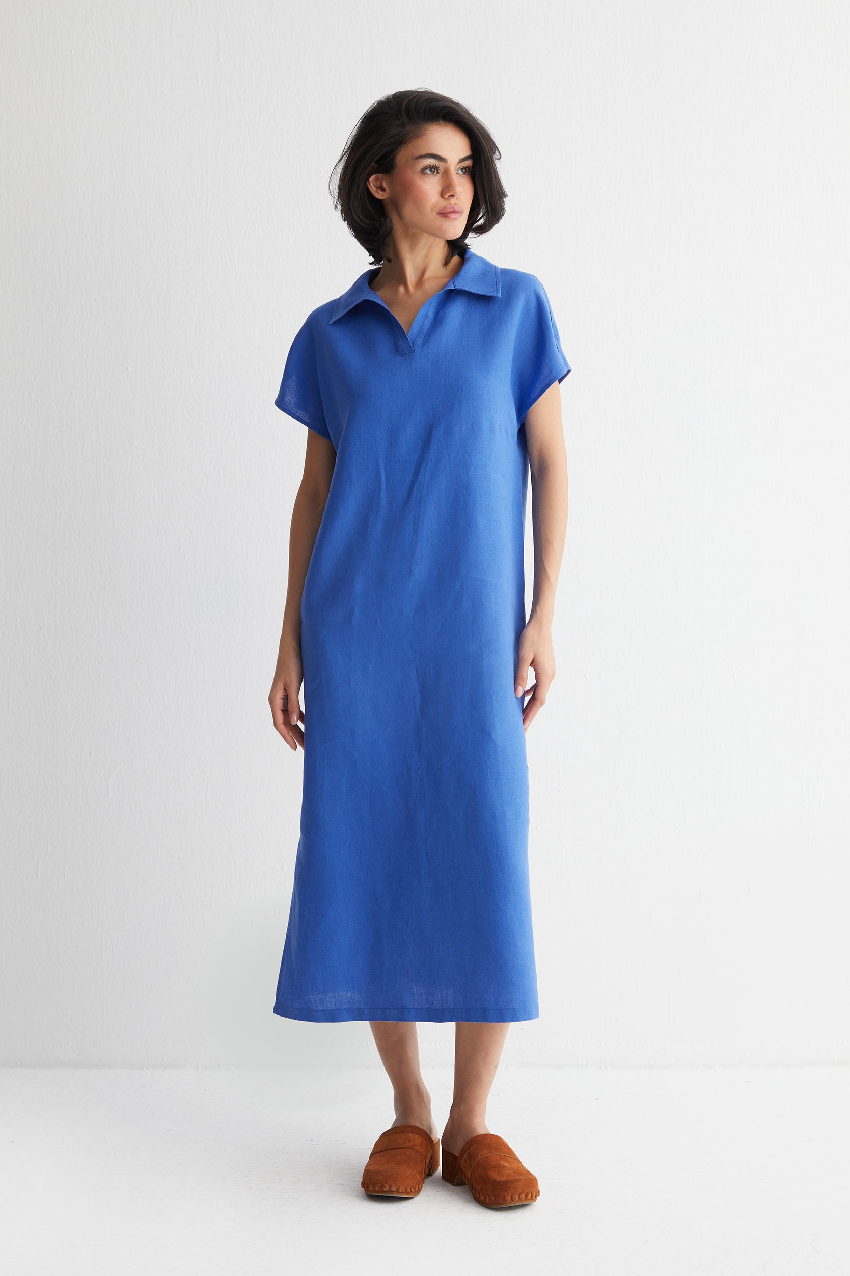 Mavi Kate Keten Polo Yaka Elbise