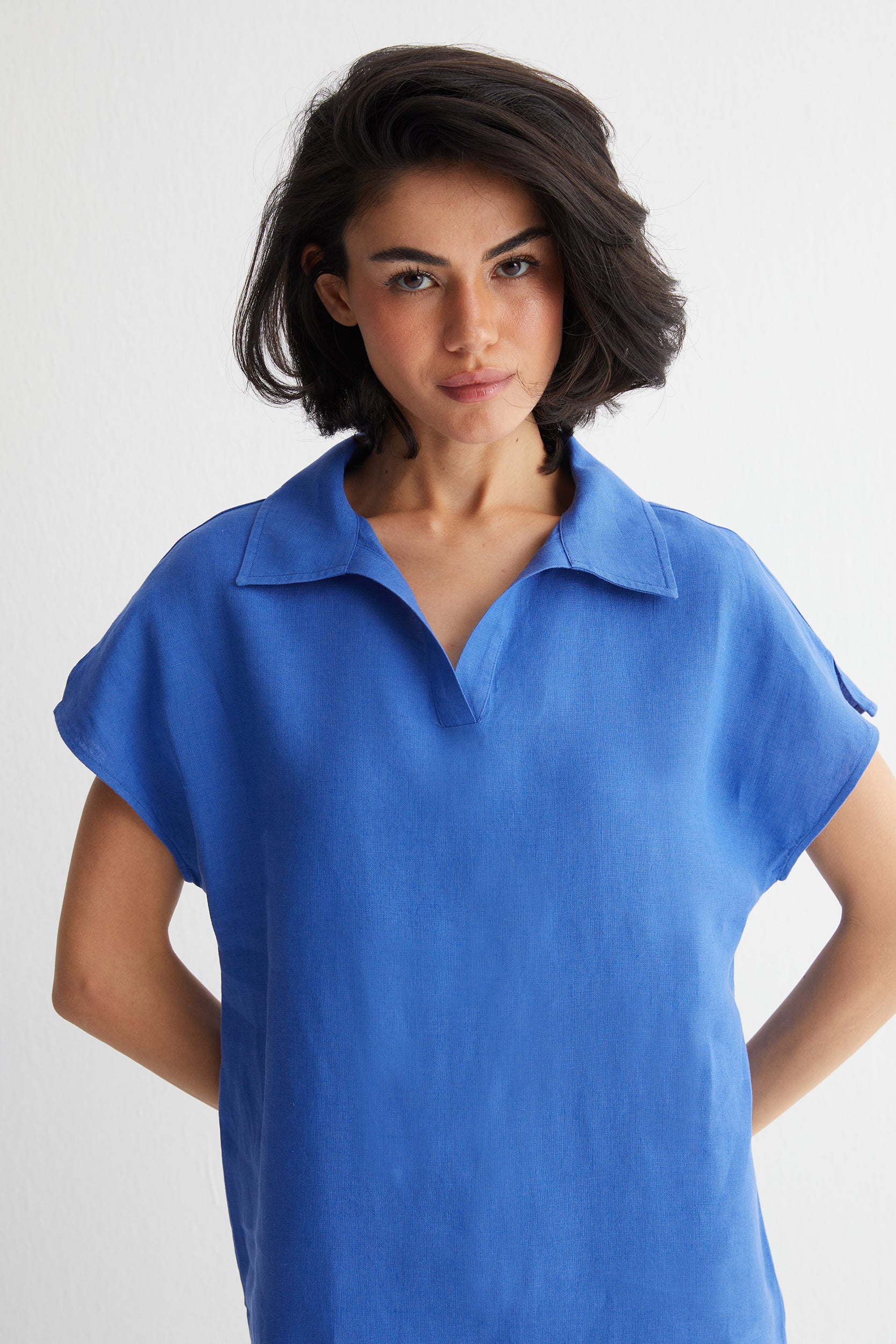 Mavi Kate Keten Polo Yaka Elbise