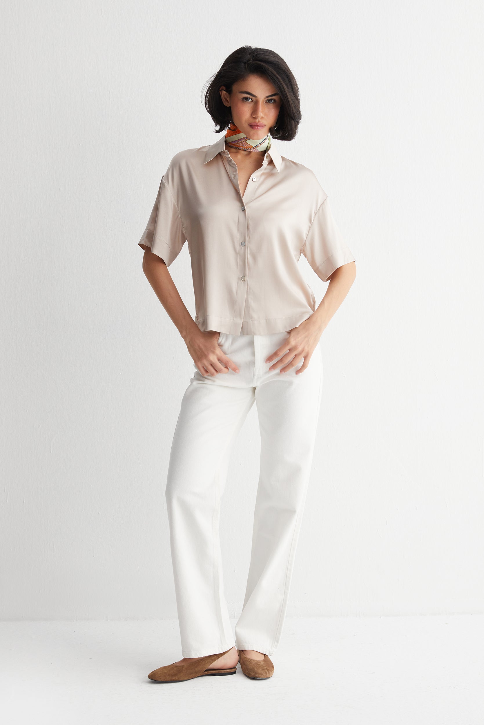 Bej Toscana İpek Kısa Kollu Gömlek