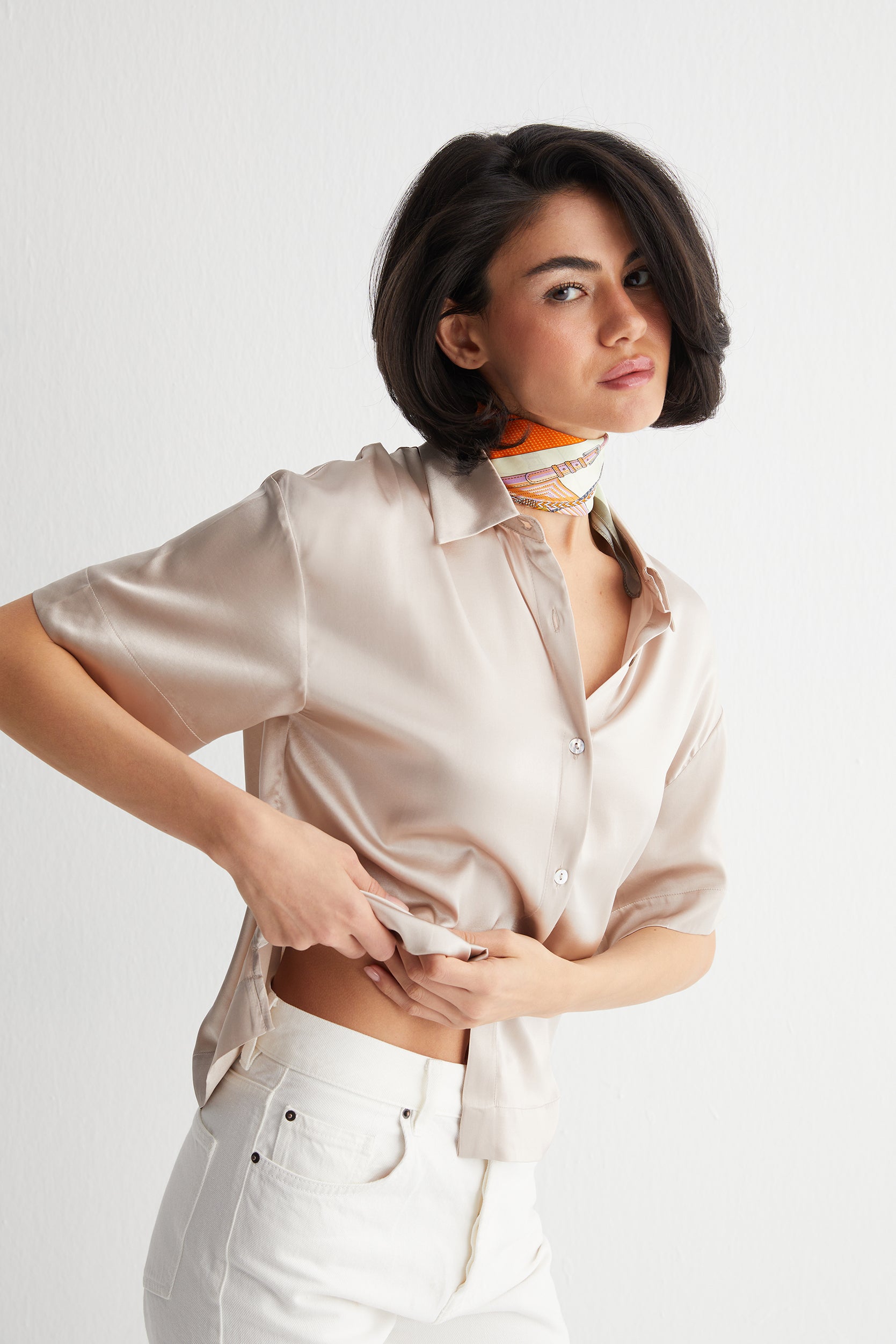 Bej Toscana İpek Kısa Kollu Gömlek