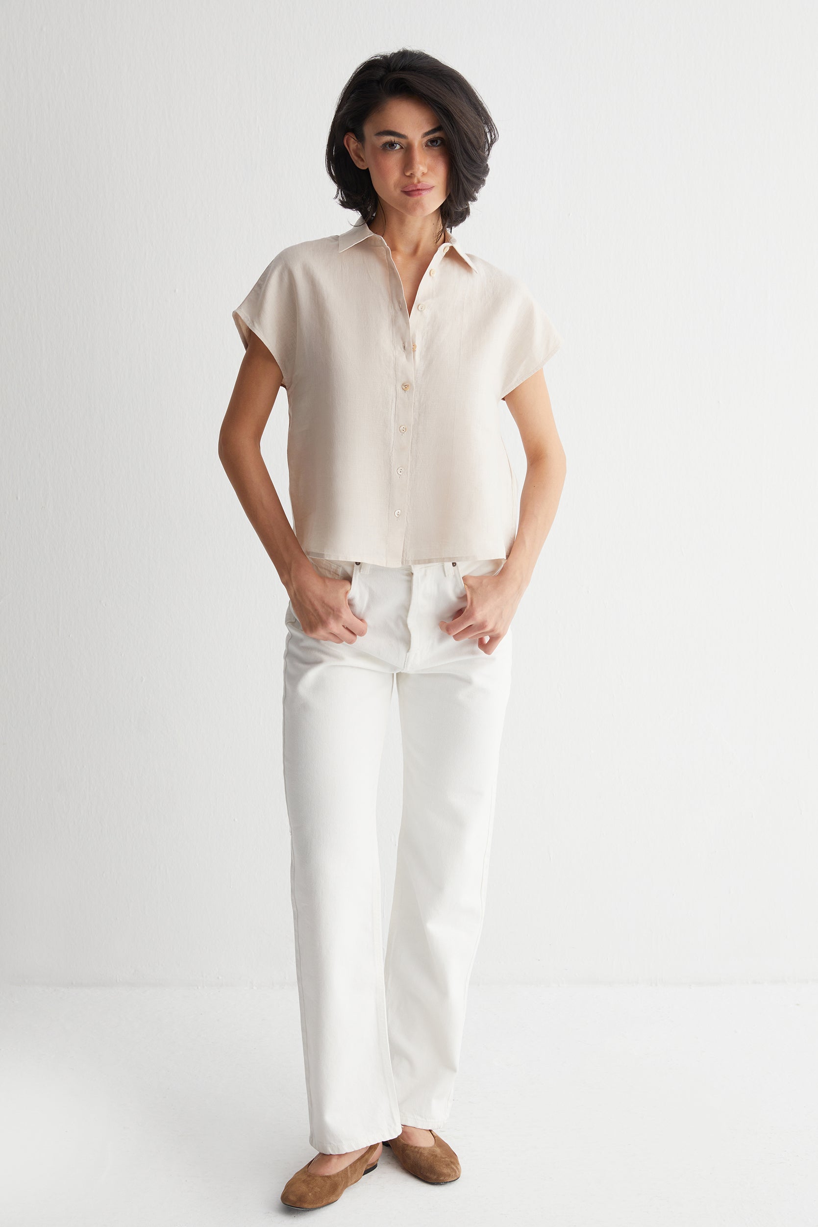 Bej Kate Keten Kısa Kollu Gömlek