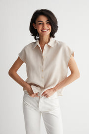 Bej Kate Keten Kısa Kollu Gömlek