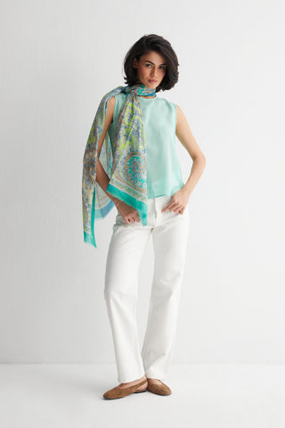 Mint Toscana Saf İpek Yuvarlak Yaka Rahat Kesim Bluz