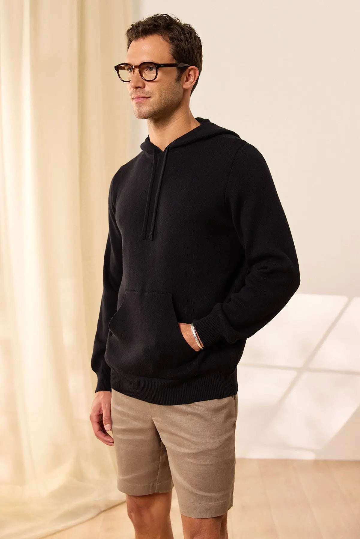 Siyah Kaşmirli Marcello önden cepli Kapüşonlu Kazak Silk and Cashmere