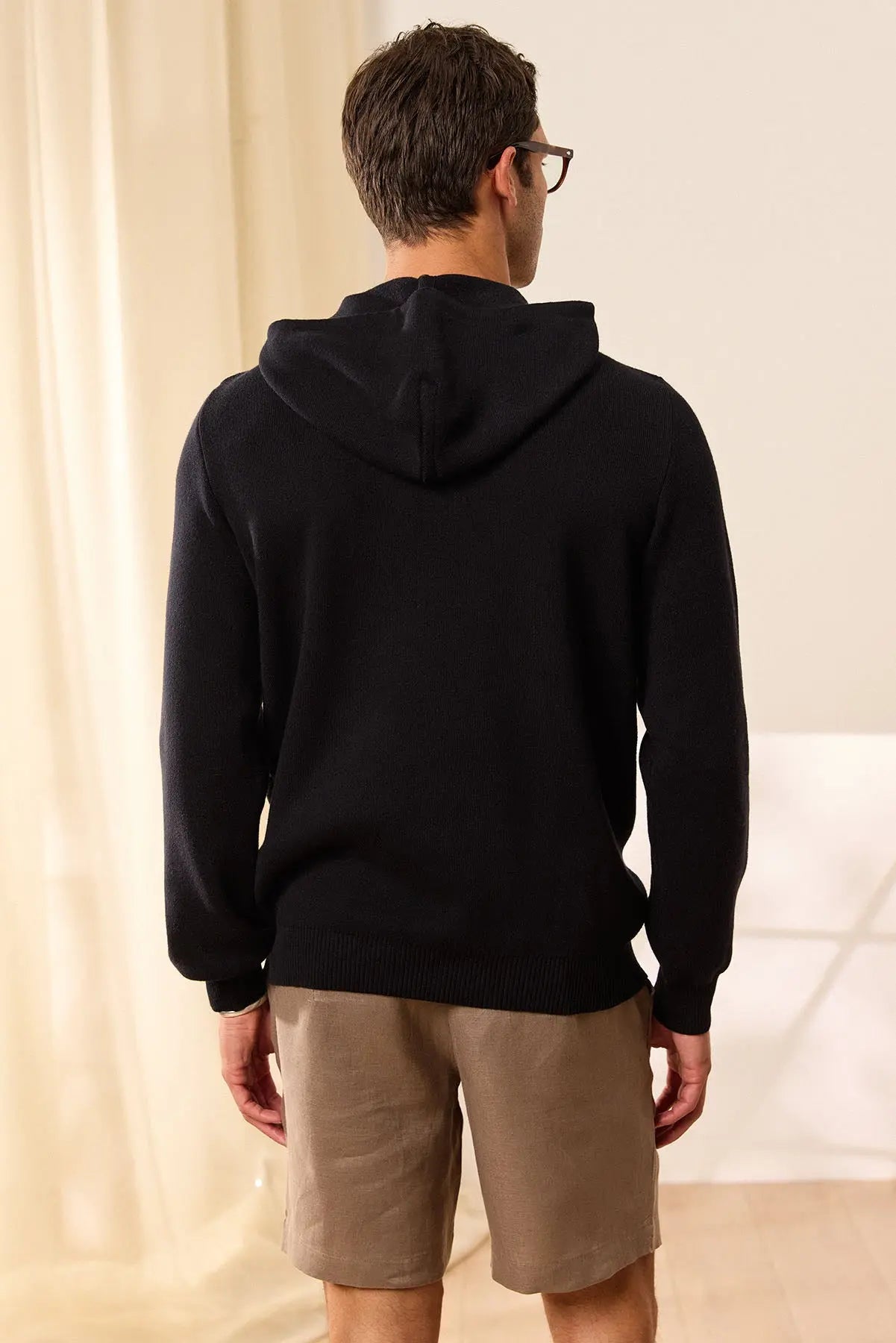 Siyah Kaşmirli Marcello önden cepli Kapüşonlu Kazak Silk and Cashmere