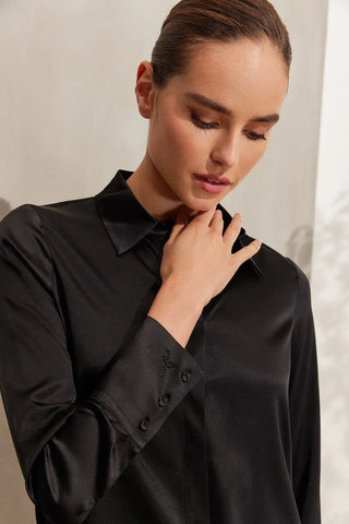 Siyah Saf İpek Audrey Uzun Kollu Gömlek