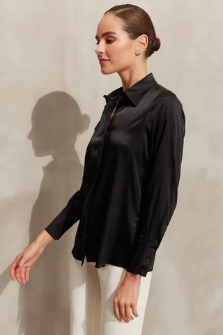 Siyah Saf İpek Audrey Uzun Kollu Gömlek