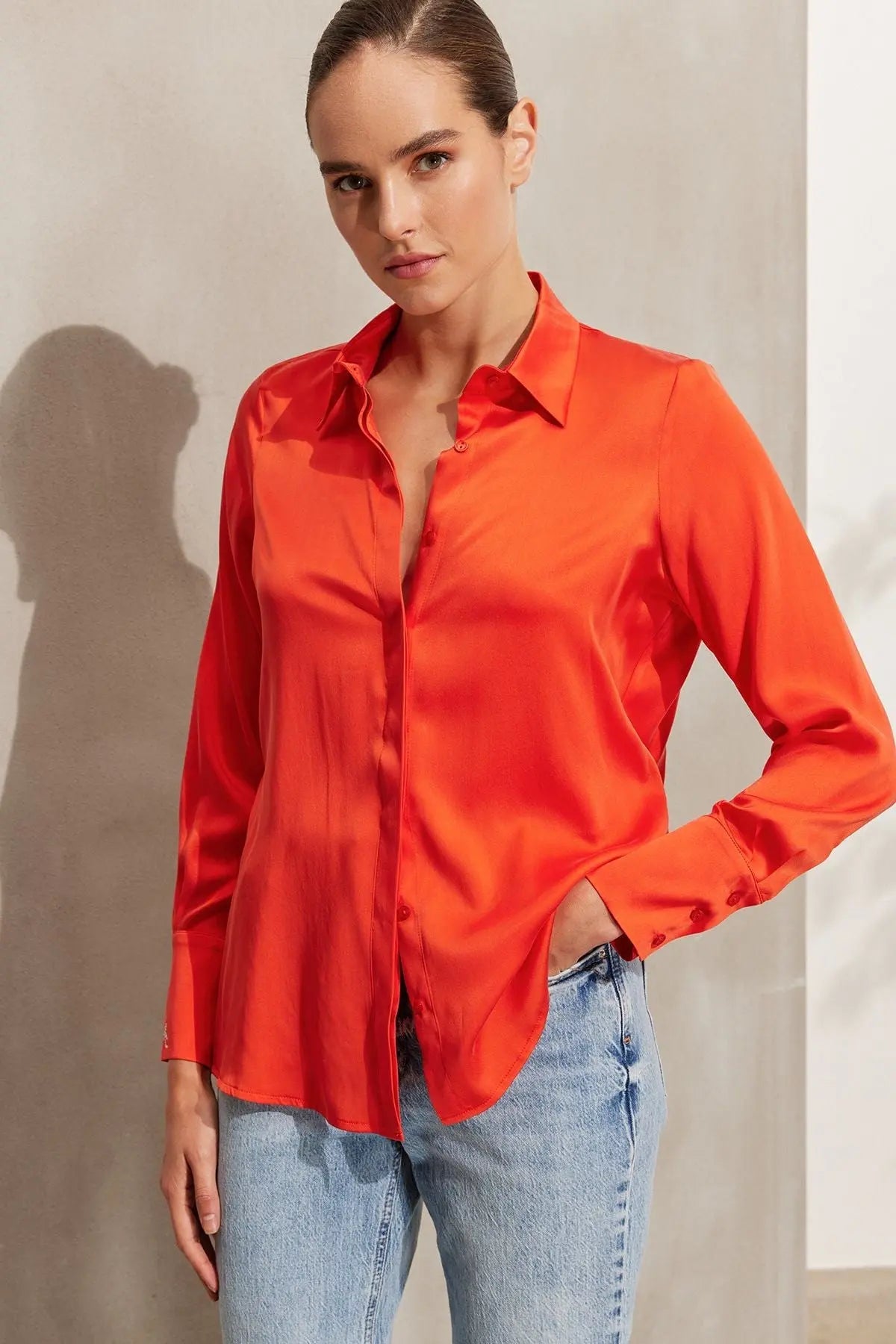 Turuncu Saf İpek Audrey Uzun Kollu Gömlek