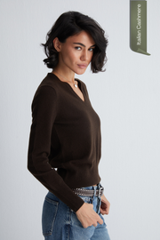 Kahverengi Franca Saf Kaşmir Derin V Yaka Kazak