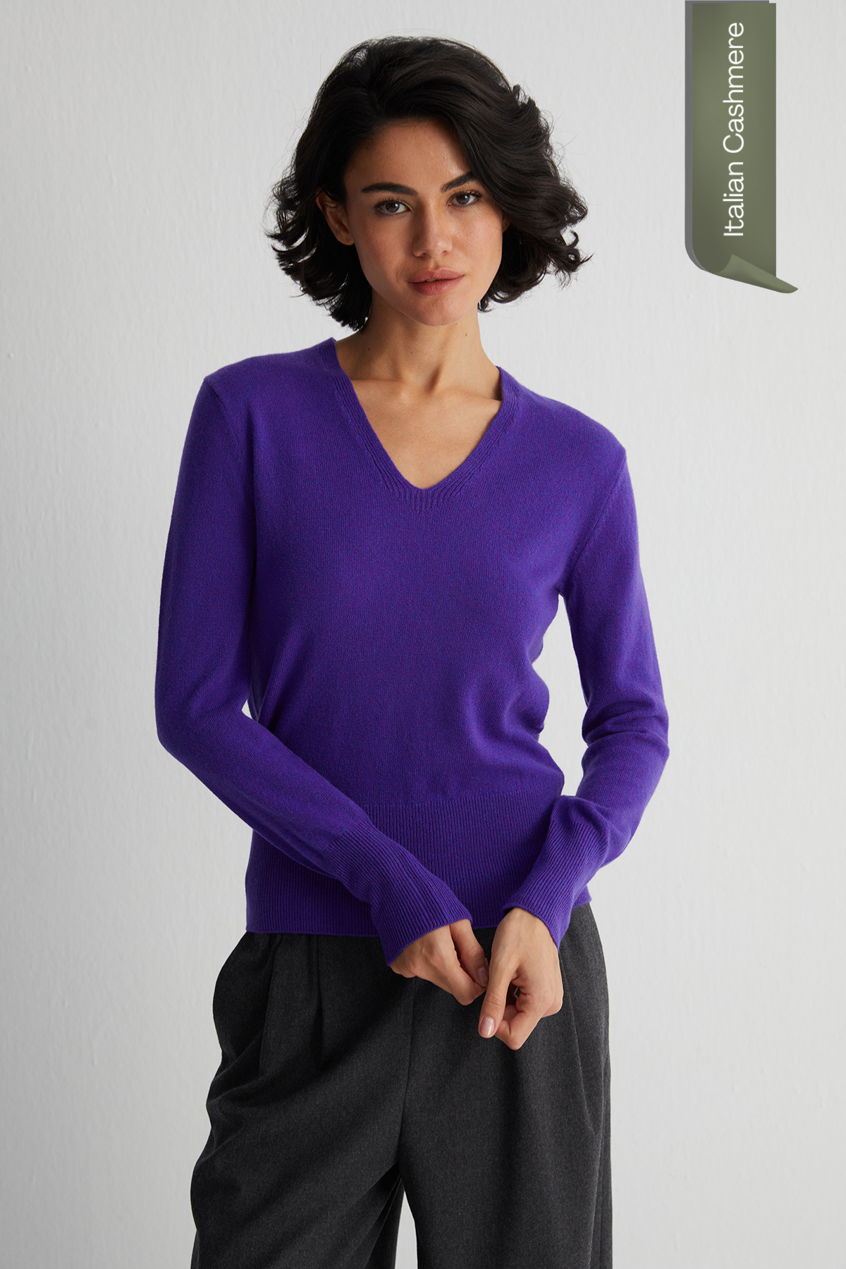 Koyu Mor Franca Saf Kaşmir Derin V Yaka Kazak