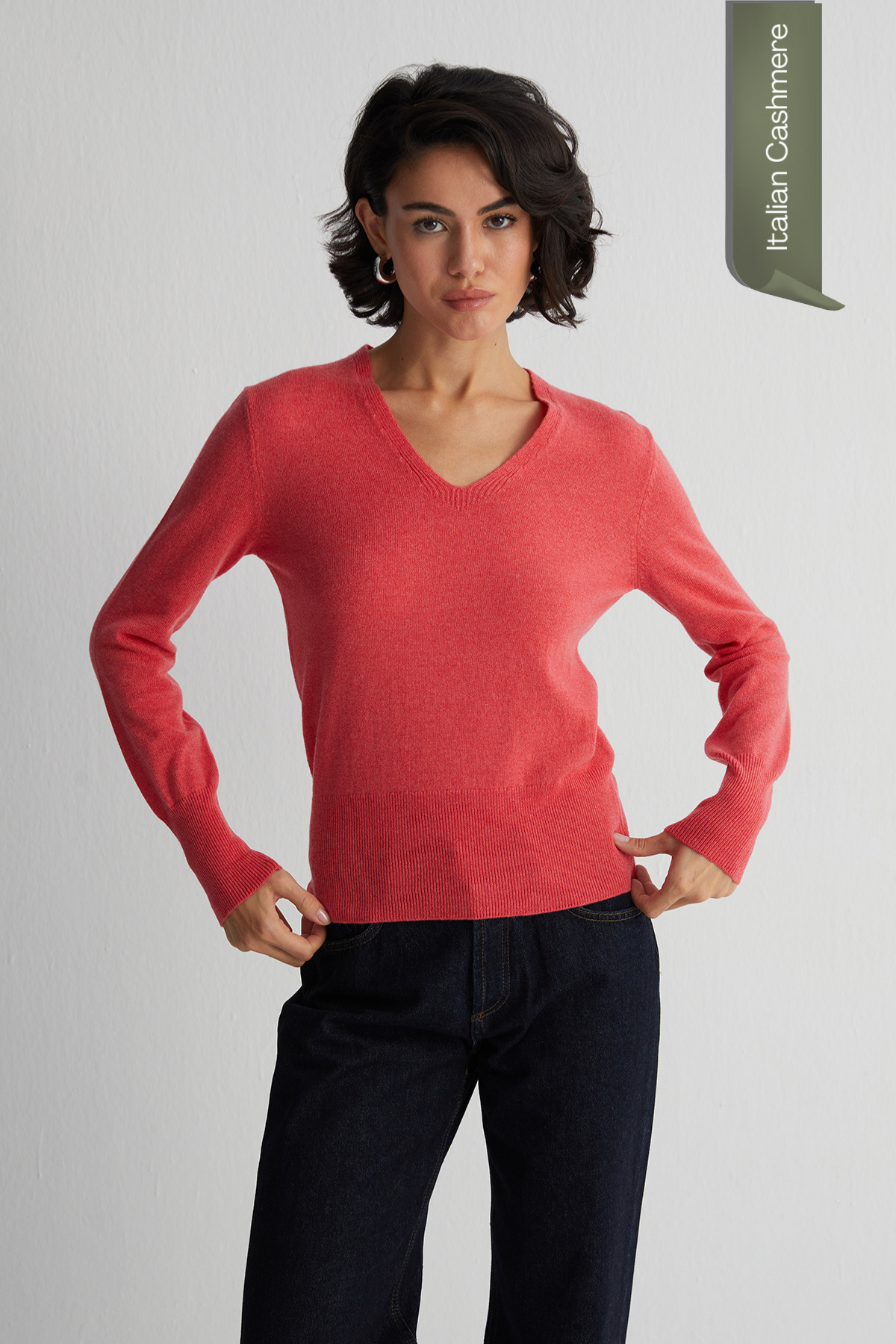 Mercan Franca Saf Kaşmir Derin V Yaka Kazak