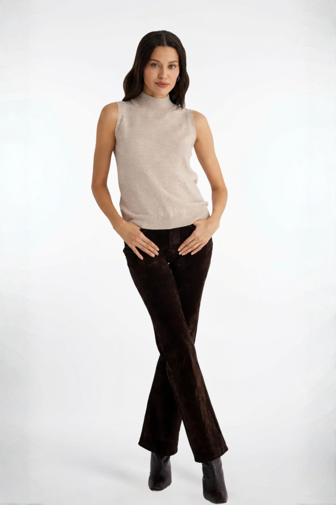 Ekru Melanj Agata Saf Kaşmir Yüksek Yaka Kolsuz Triko