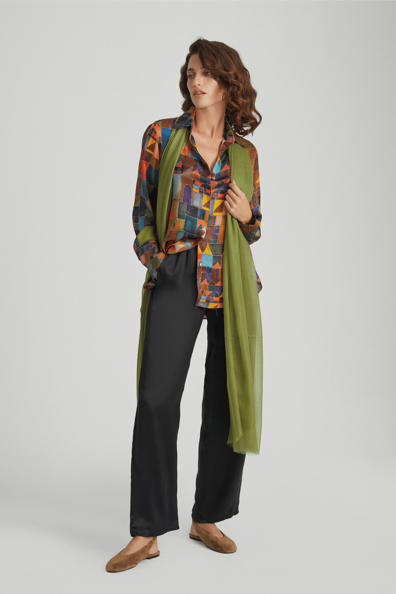 Renkli Astrid Saf İpek Baskılı Gömlek