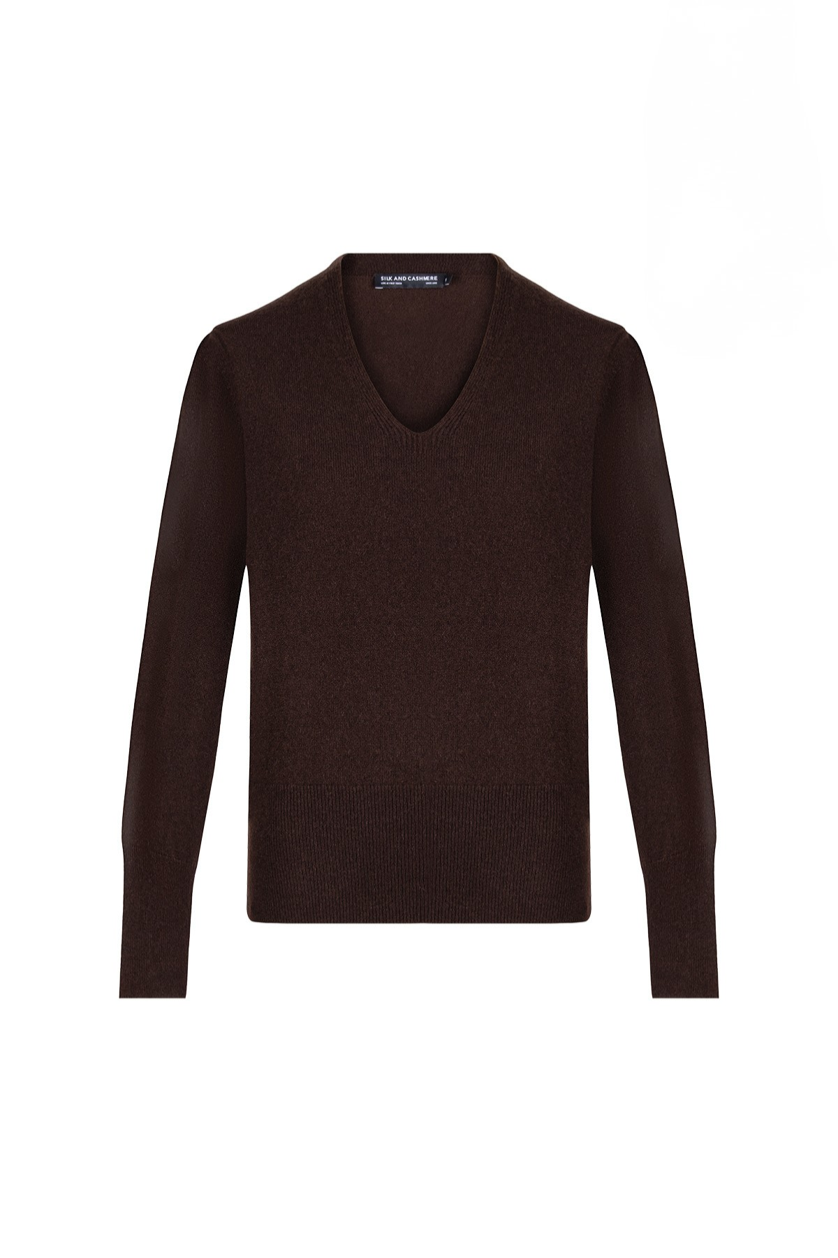 Kahverengi Franca Saf Kaşmir Derin V Yaka Kazak
