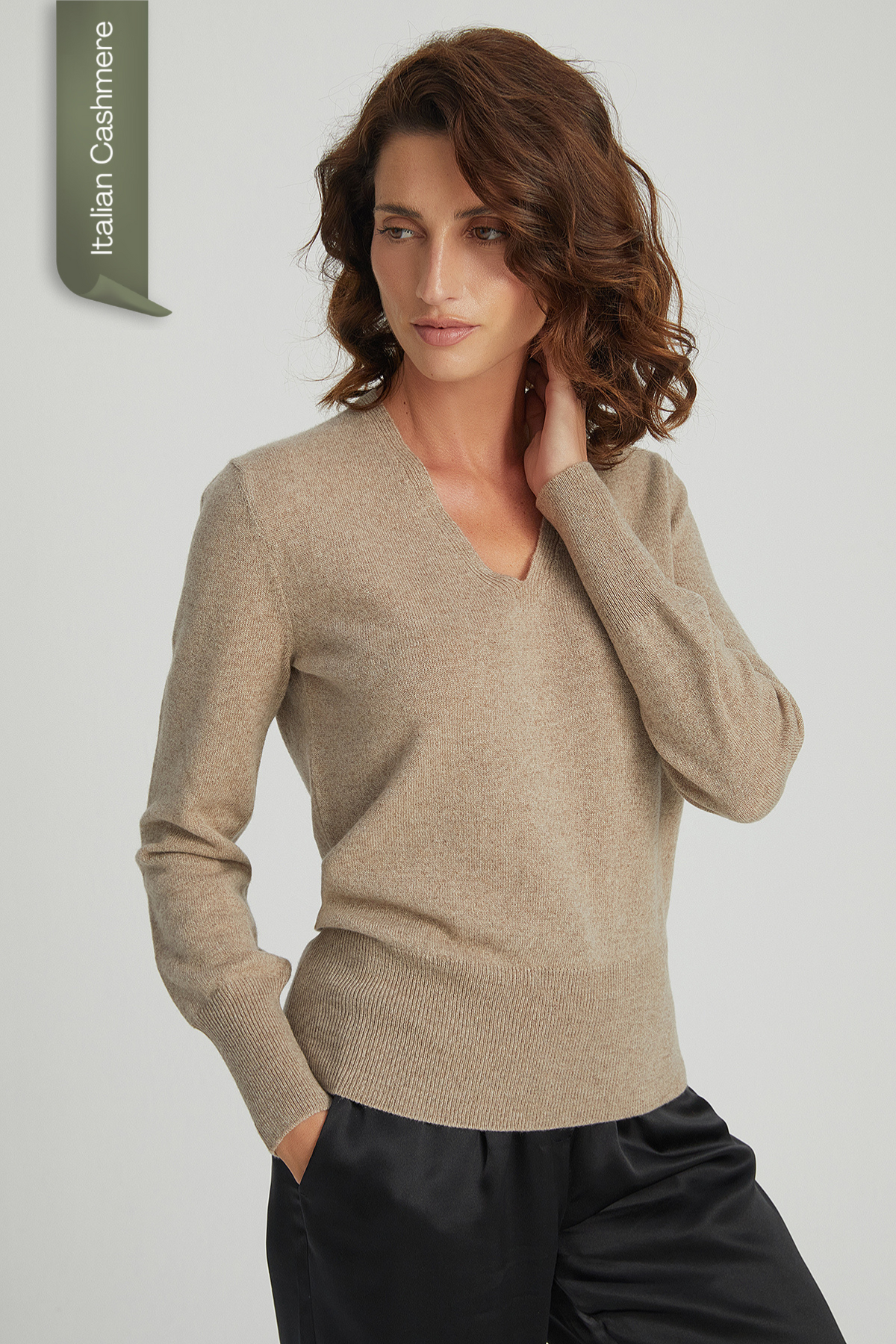 Kum Beji Franca Saf Kaşmir Derin V Yaka Kazak