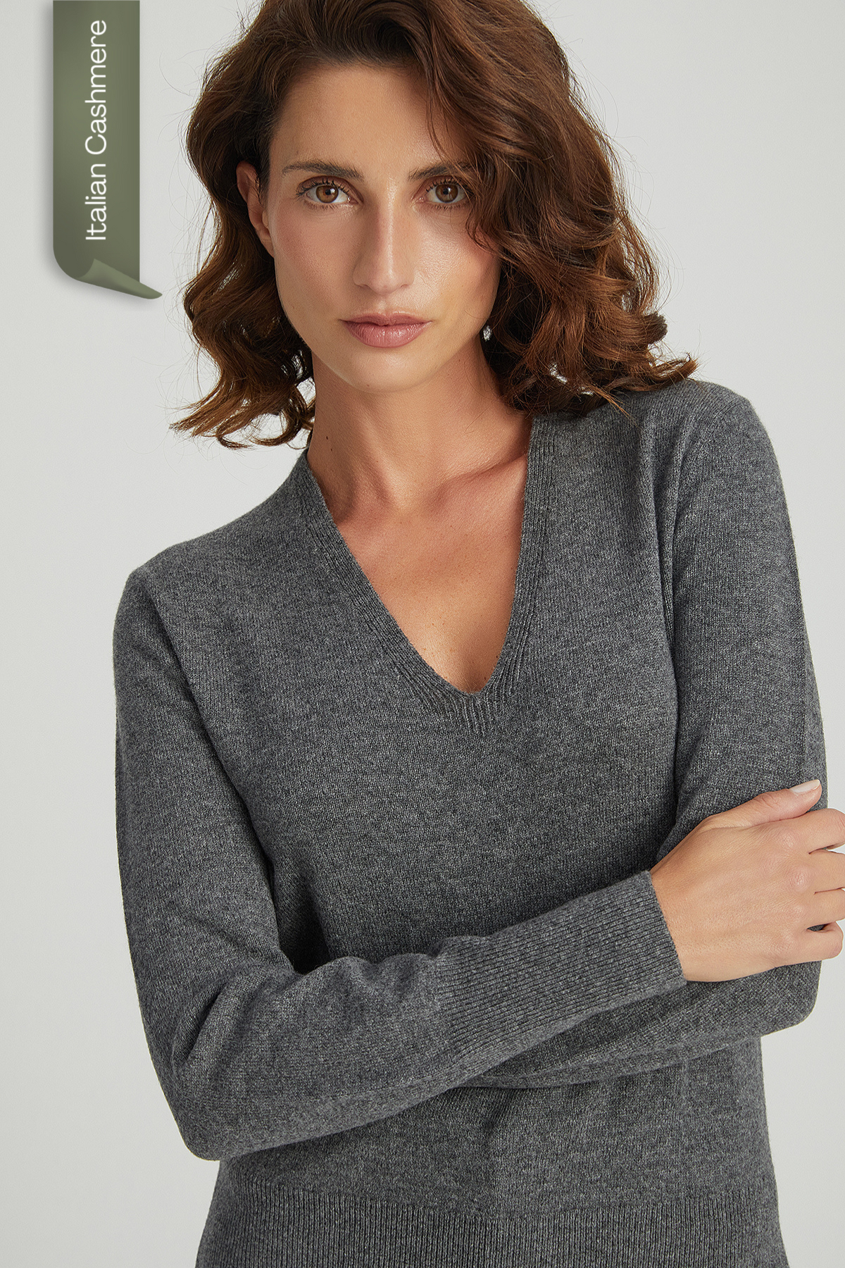 Orta Gri Melanj Franca Saf Kaşmir Derin V Yaka Kazak