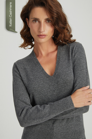 Orta Gri Melanj Franca Saf Kaşmir Derin V Yaka Kazak
