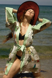 Yeşil Jas  Cupro Desenli Kemerli Kadın Kimono Hırka Silk and Cashmere