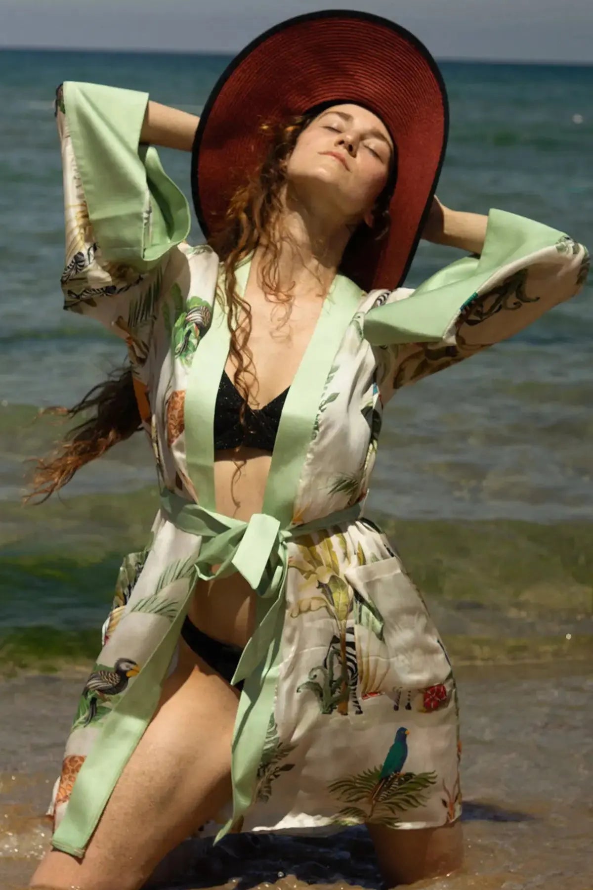 Yeşil Jas  Cupro Desenli Kemerli Kadın Kimono Hırka Silk and Cashmere