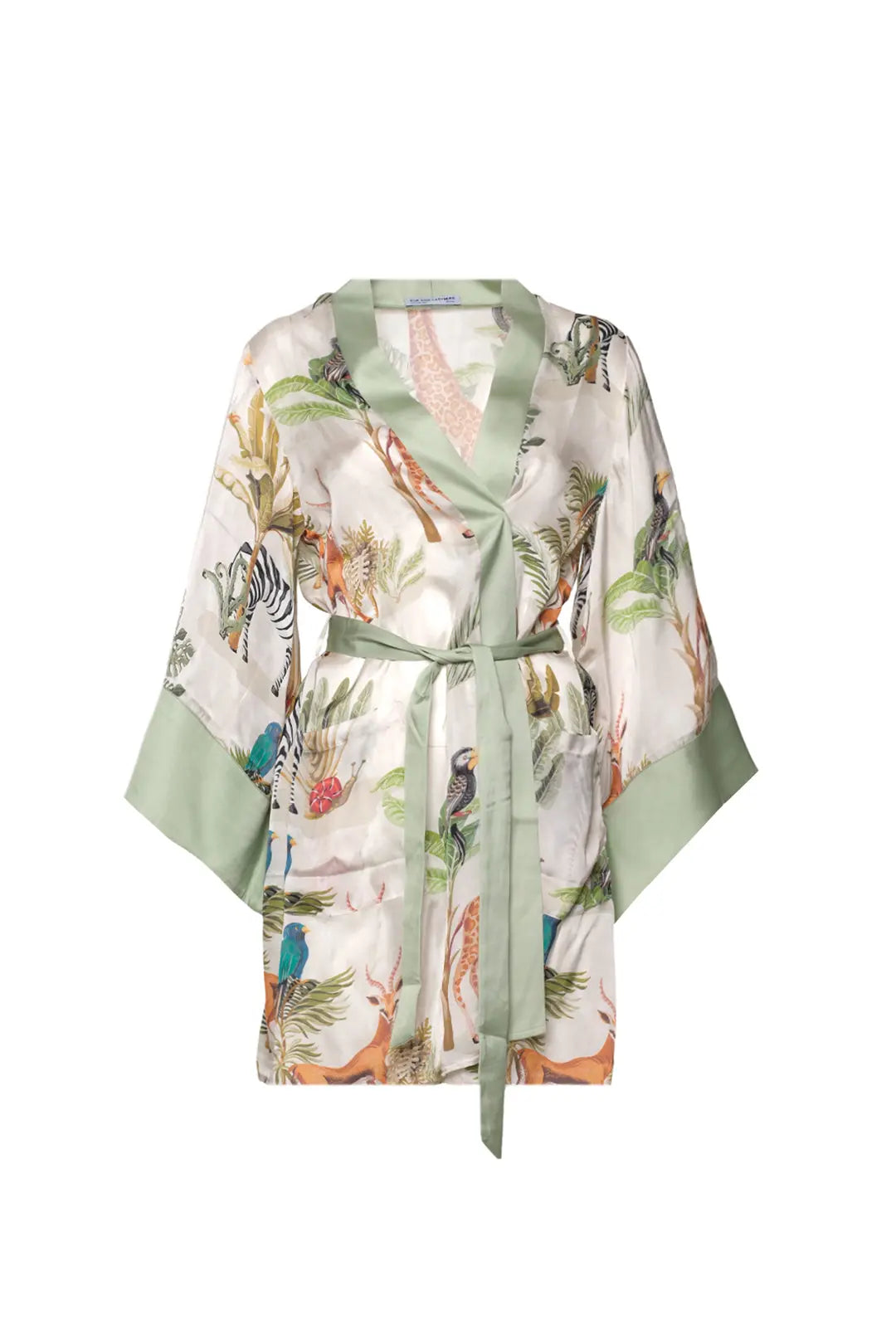 Yeşil Jas  Cupro Desenli Kemerli Kadın Kimono Hırka Silk and Cashmere