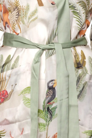 Yeşil Jas  Cupro Desenli Kemerli Kadın Kimono Hırka Silk and Cashmere
