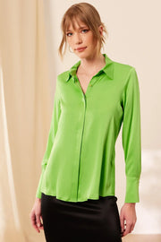 Yeşil Saf İpek Audrey Uzun Kollu Gömlek