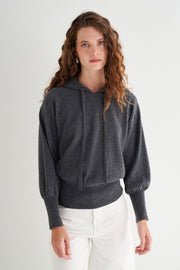 Orta Gri Melanj Agata Saf Kaşmir Kapüşonlu Kazak