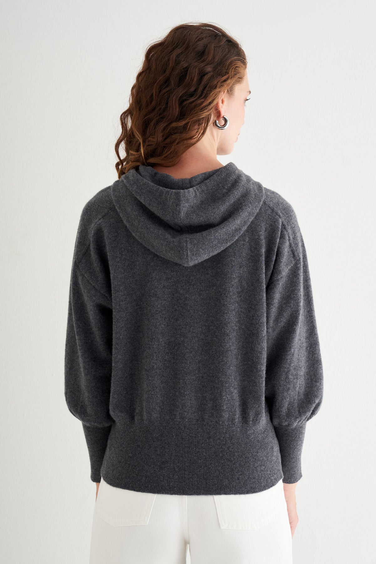 Orta Gri Melanj Agata Saf Kaşmir Kapüşonlu Kazak