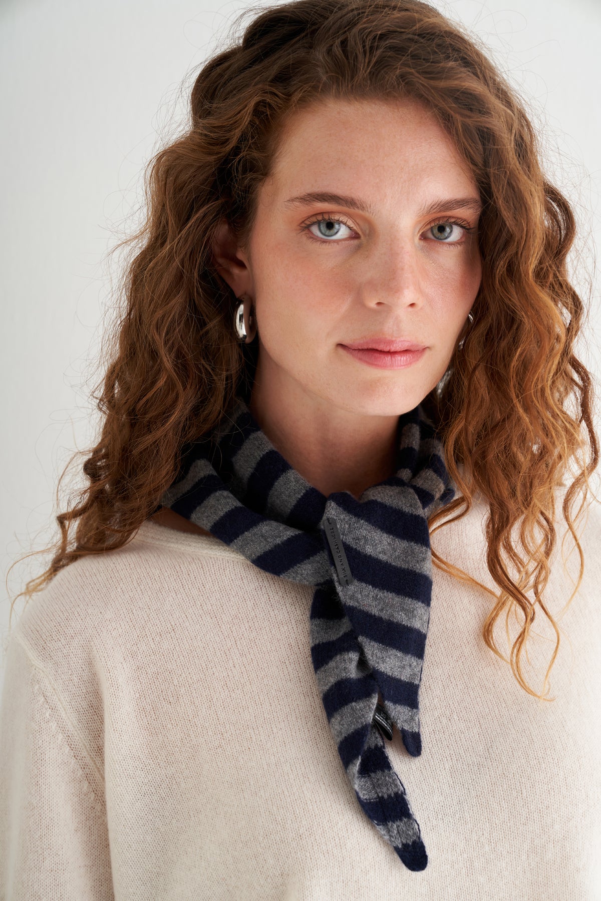 Lacivert Gri Rose Saf Kaşmir Çizgili Fular Bandana 85x30x30 cm