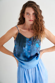 Lacivert Nature Desenli Saf  İpek Askılı Bluz -Limited Edition