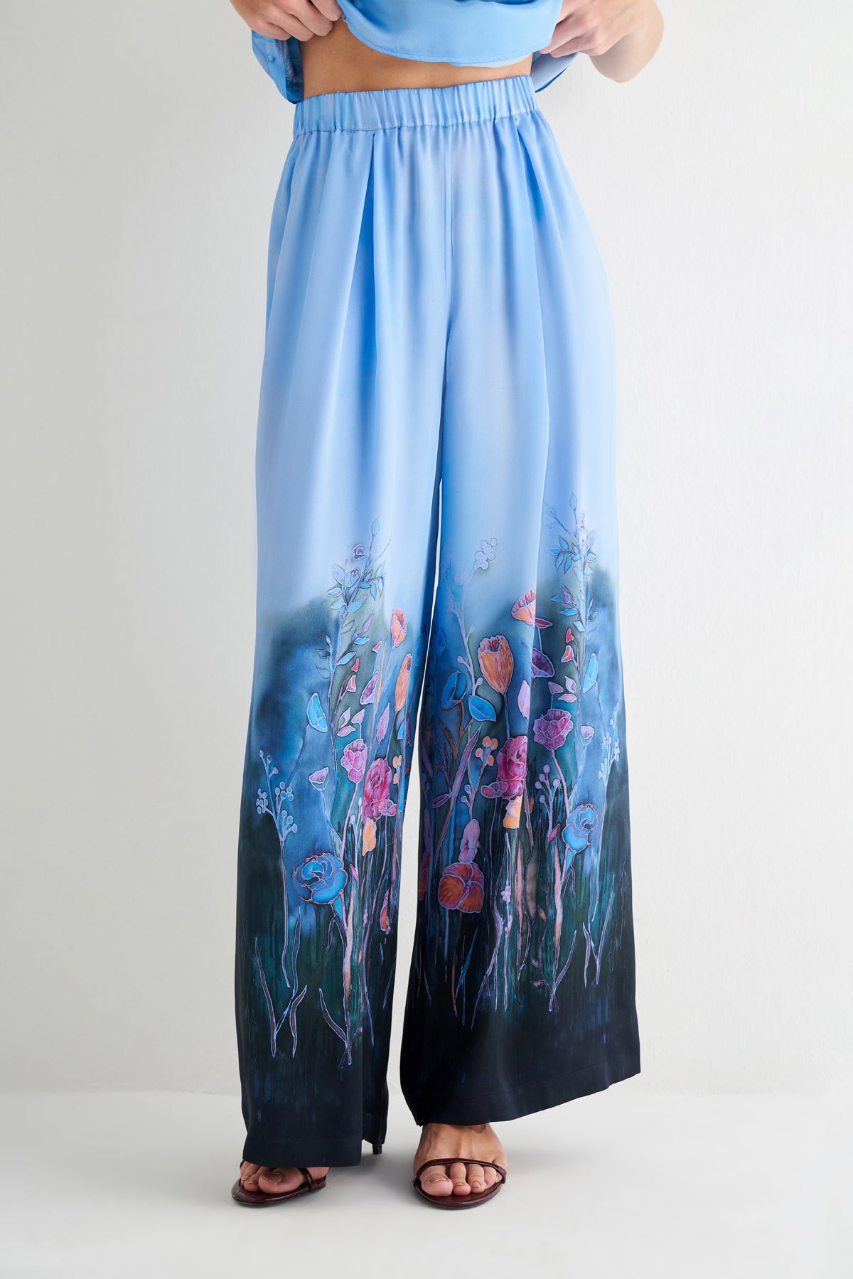 Lacivert Nature Desenli Saf İpek Pantolon -Limited Edition