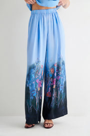 Lacivert Nature Desenli Saf İpek Pantolon -Limited Edition