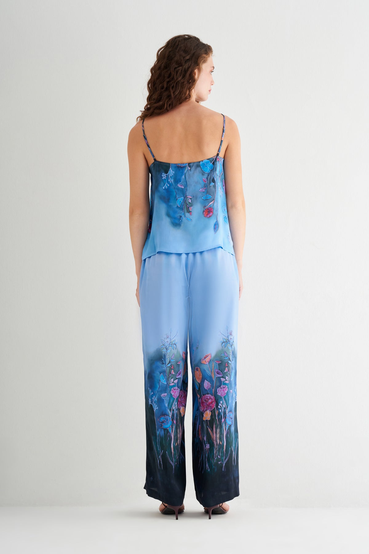 Lacivert Nature Desenli Saf İpek Pantolon -Limited Edition