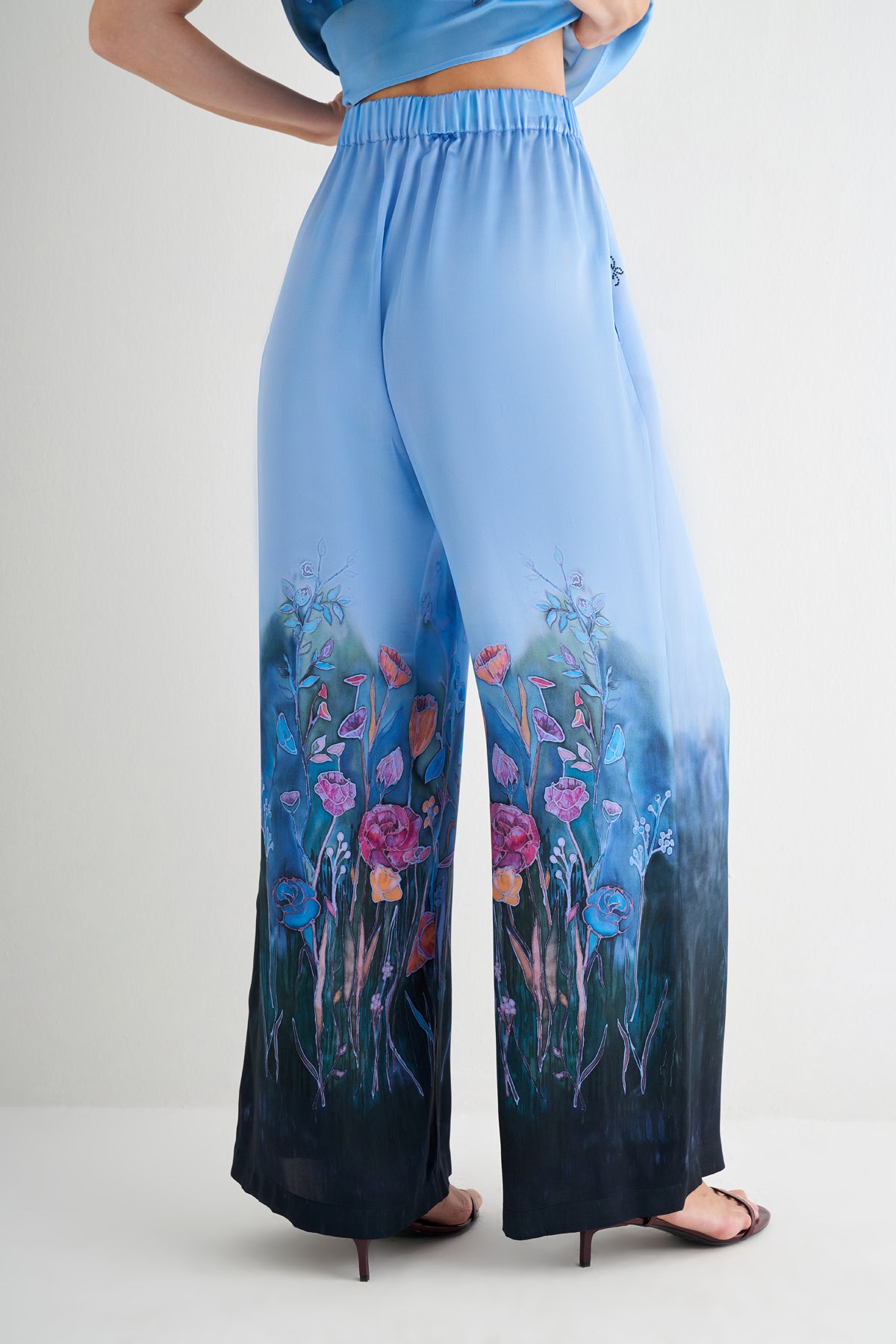 Lacivert Nature Desenli Saf İpek Pantolon -Limited Edition