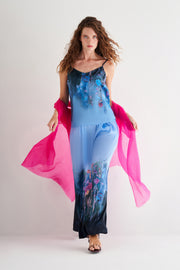 Lacivert Nature Desenli Saf İpek Pantolon -Limited Edition