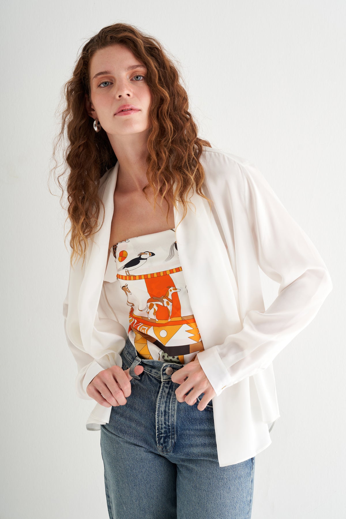 Koyu Turuncu Lara Saf İpek Desenli Kare Eşarp 90x90 cm