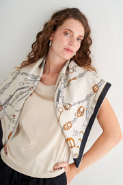 Ekru Lara Saf İpek Baskılı Eşarp 90x90 cm