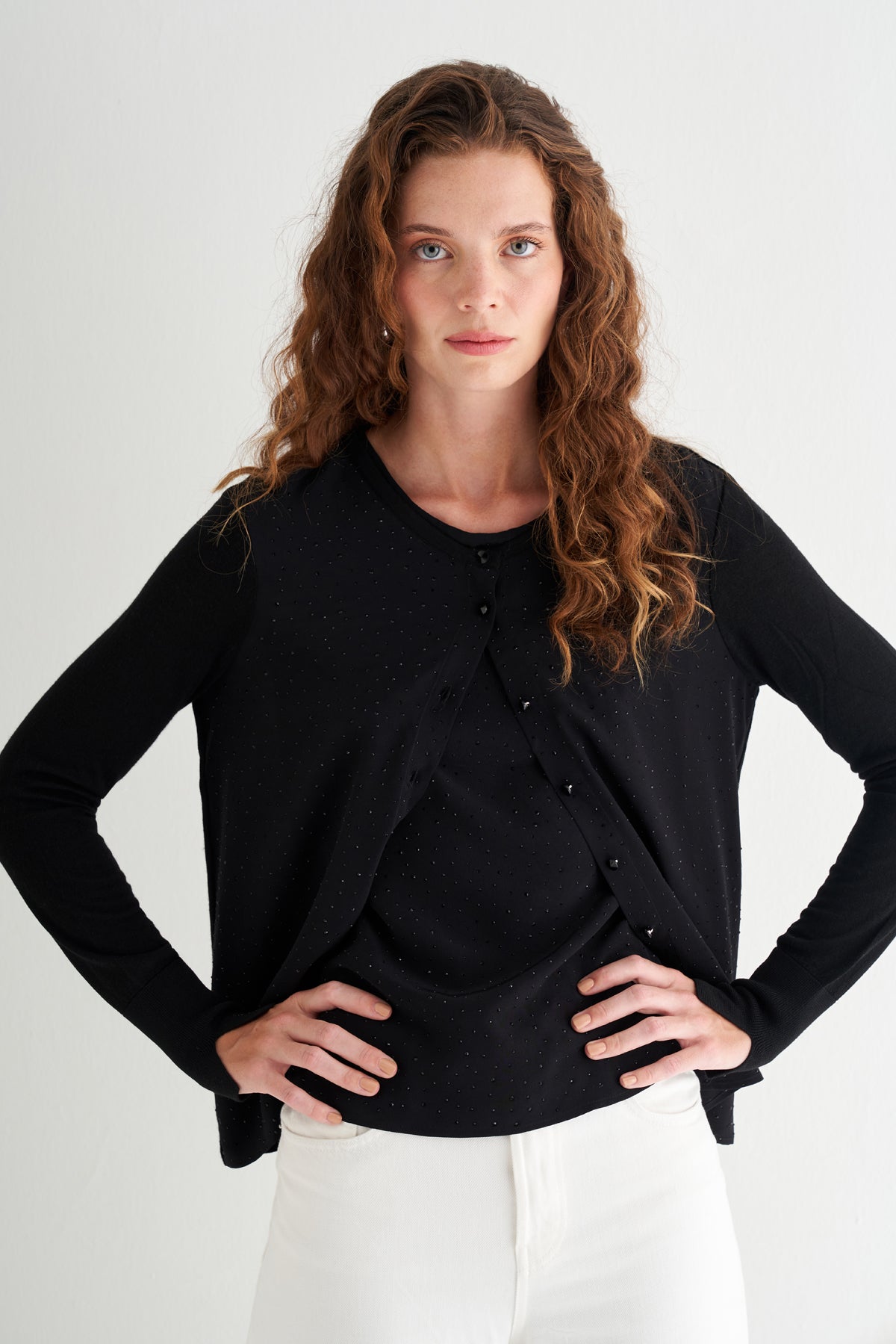 Siyah Nature İpekli Taş Süslemeli Hırka