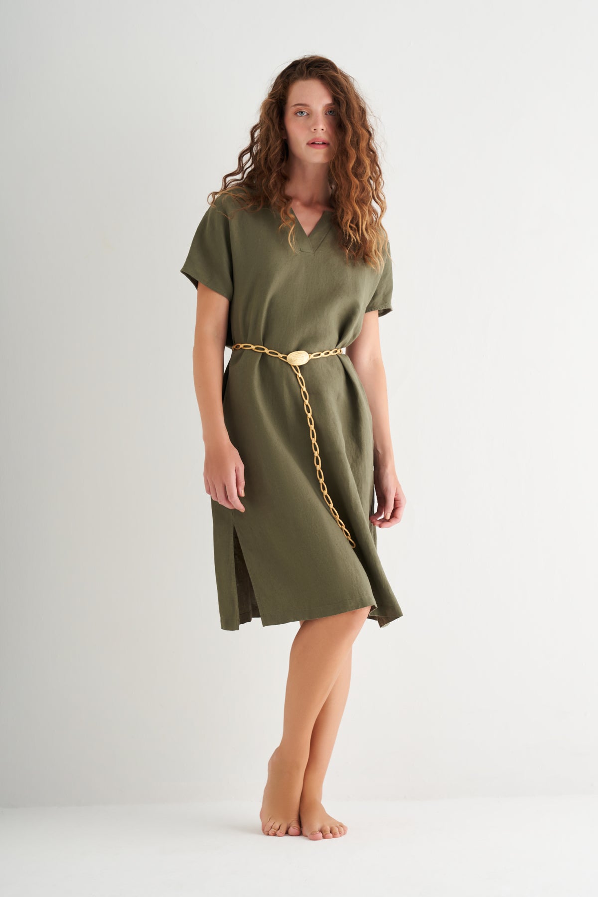 Haki Kate Keten V Yaka Elbise