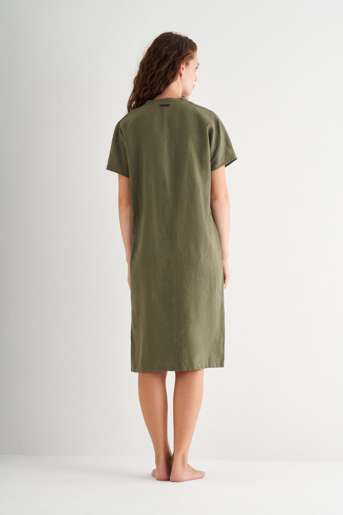 Haki Kate Keten V Yaka Elbise