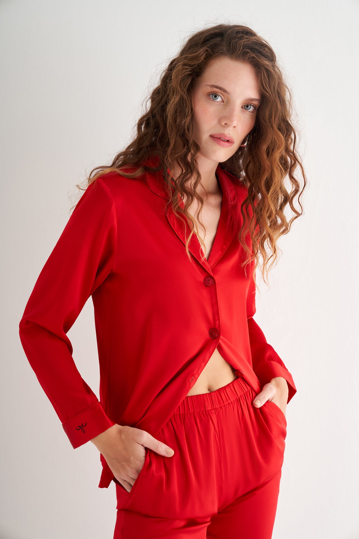 Kırmızı Lindy İpek Pijama Seti