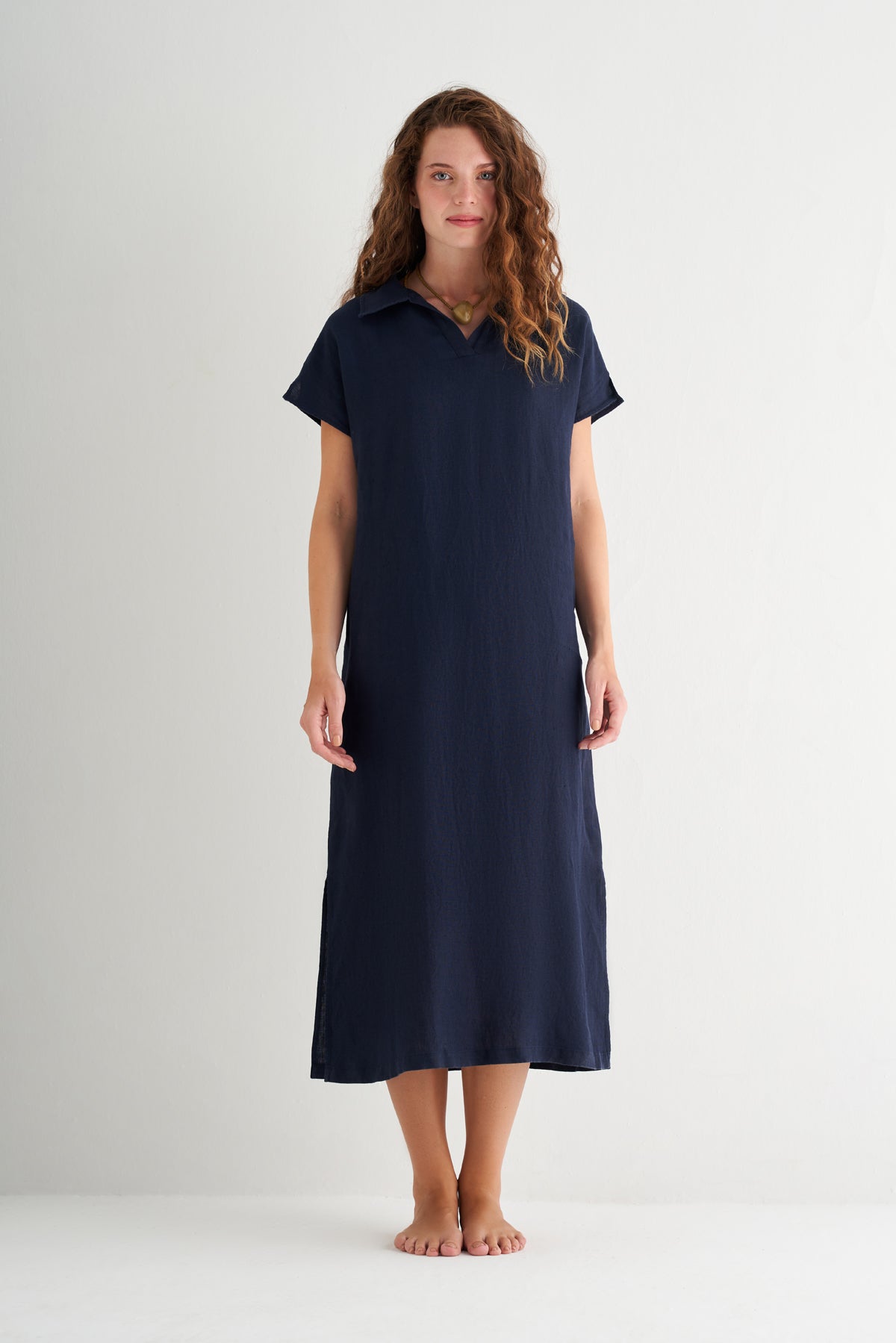 Lacivert Kate Keten Polo Yaka Elbise