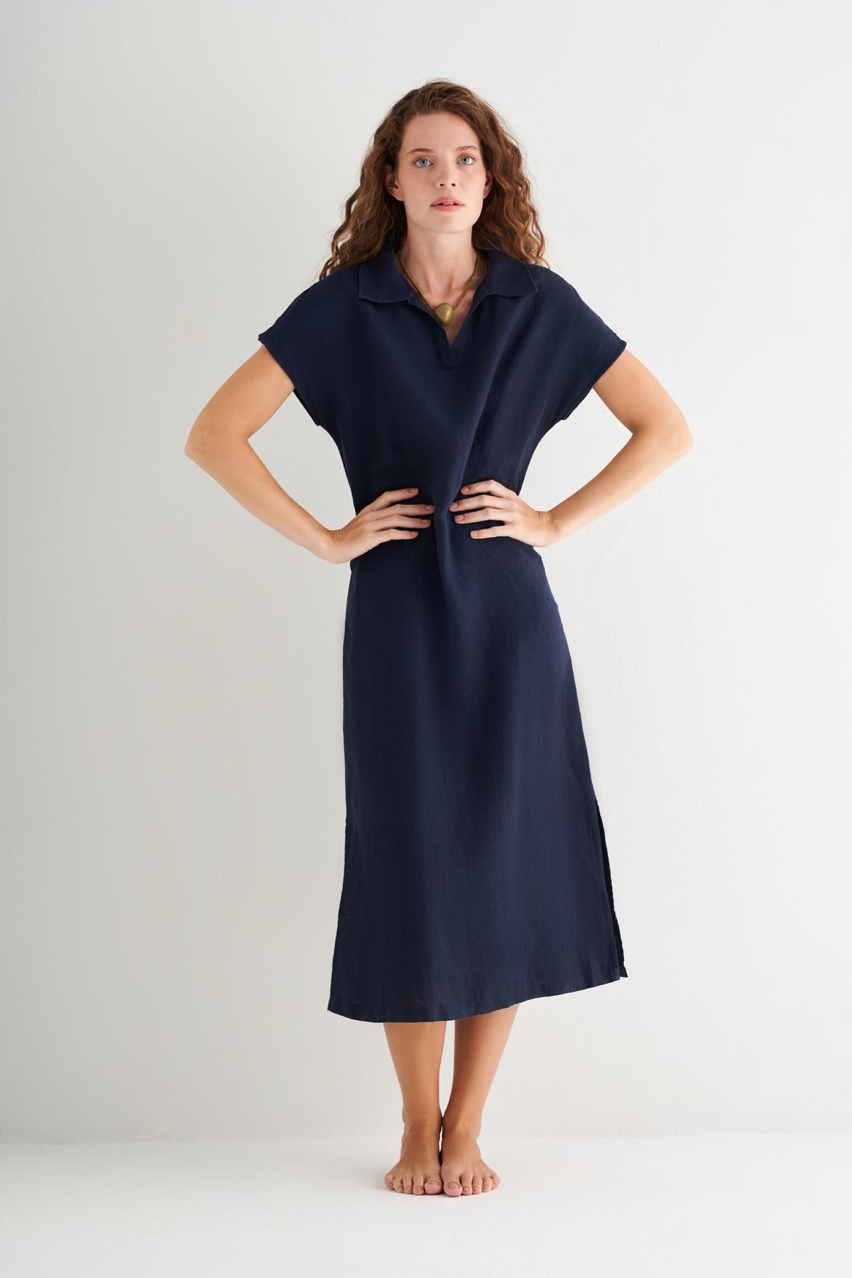 Lacivert Kate Keten Polo Yaka Elbise