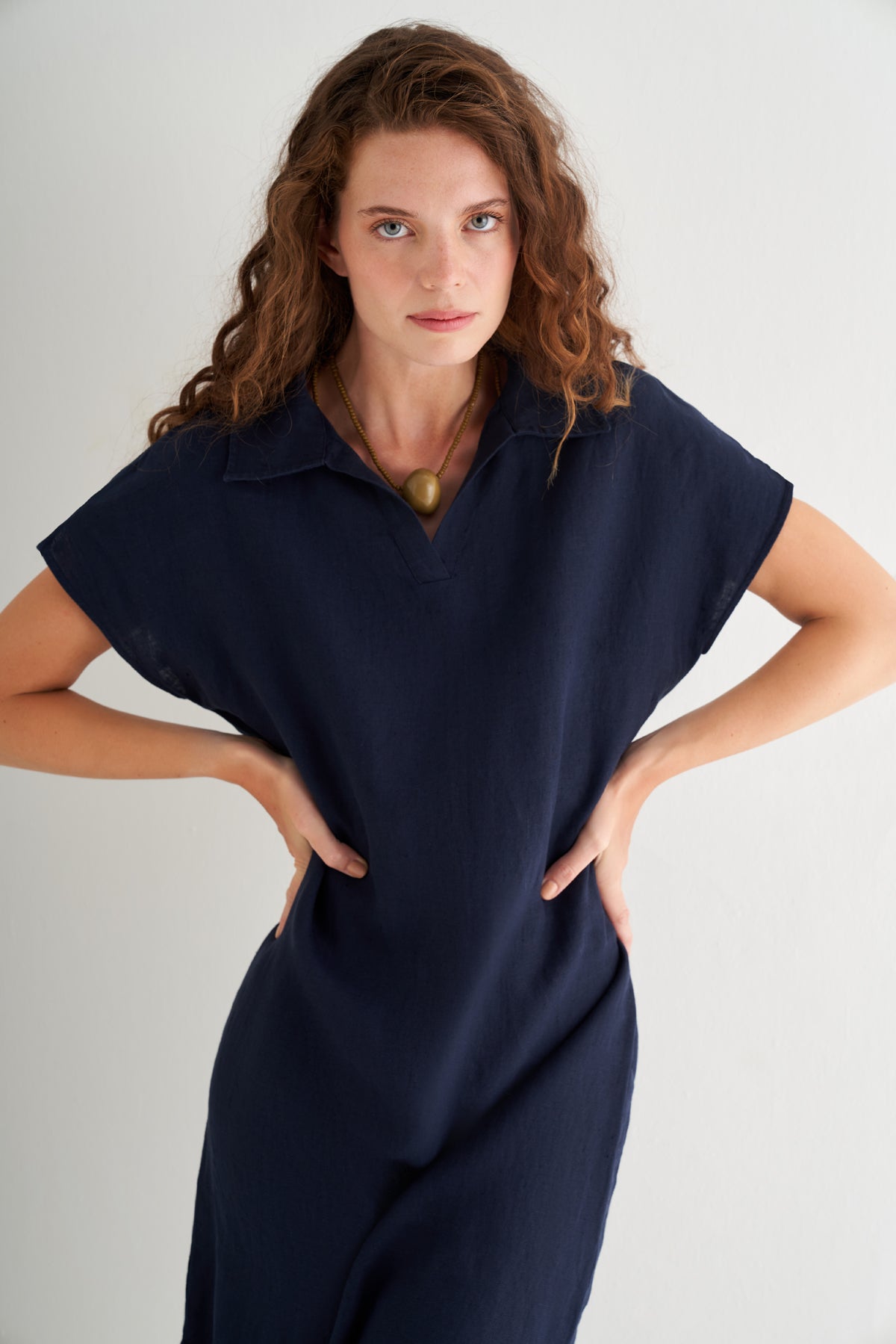 Lacivert Kate Keten Polo Yaka Elbise