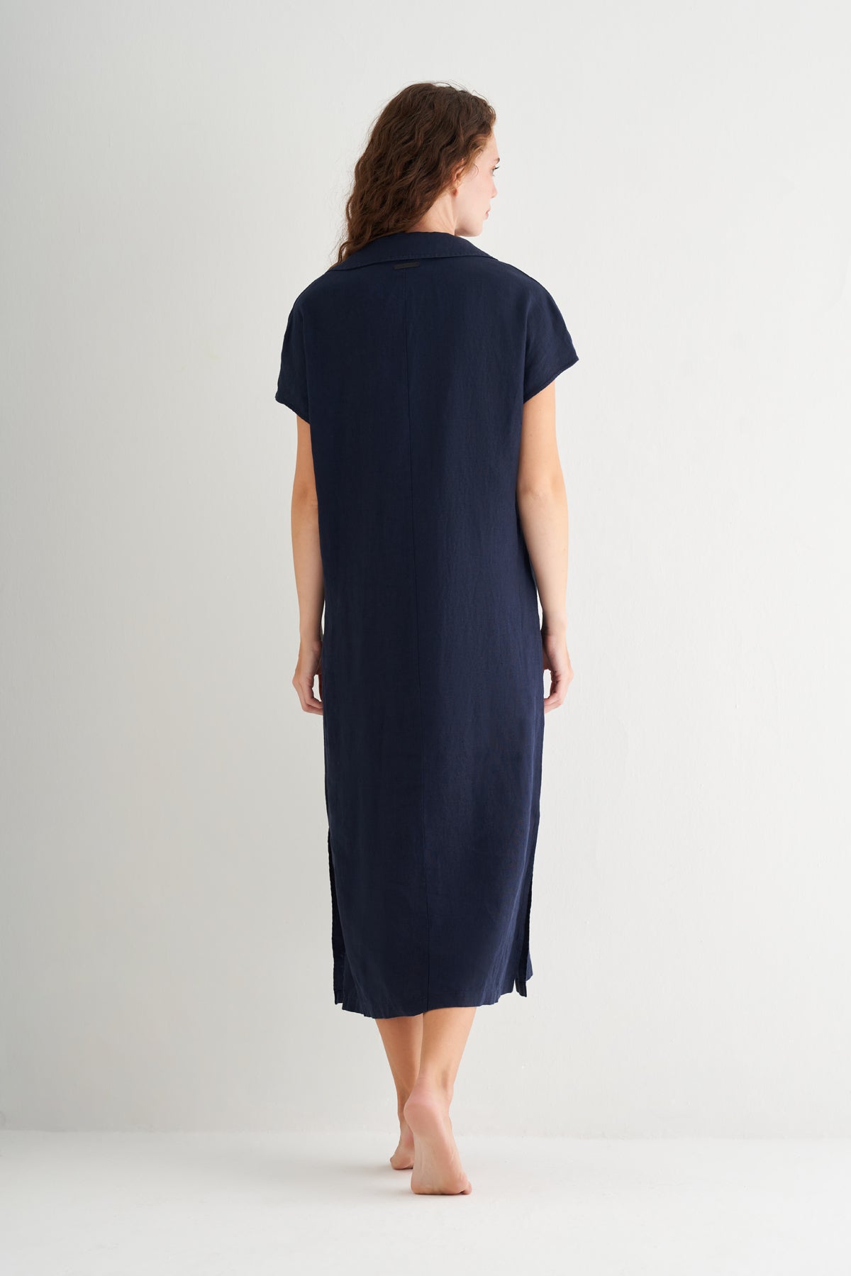 Lacivert Kate Keten Polo Yaka Elbise