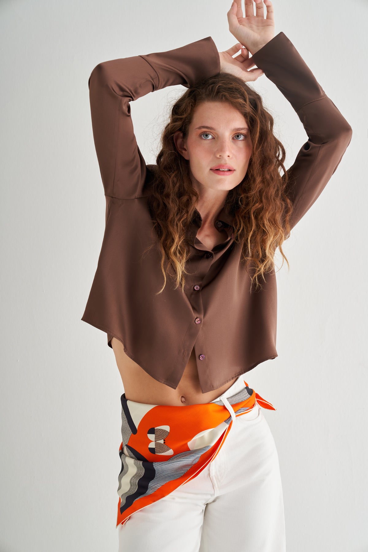 Turuncu Siyah Lena Saf İpek Eşarp 70x70 cm